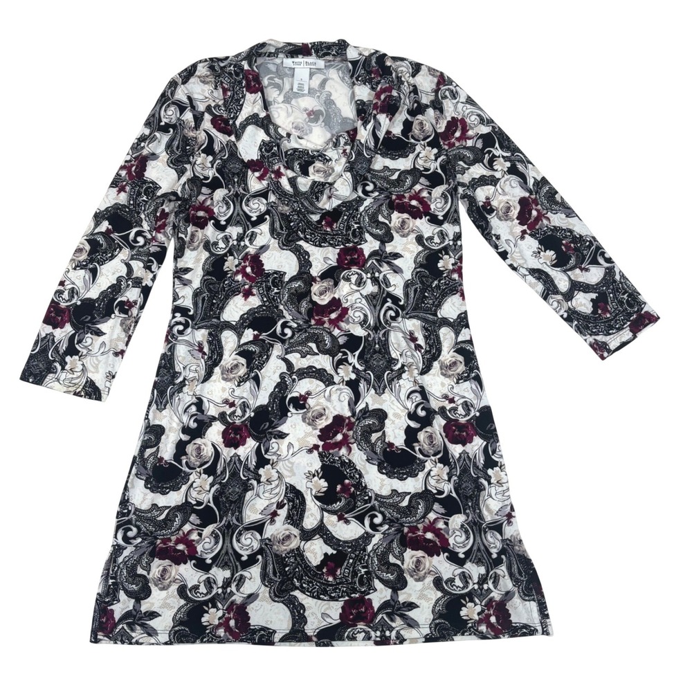 White House Black Market Cowl Neck Floral Paisley Sheath Dress Black Burgundy S